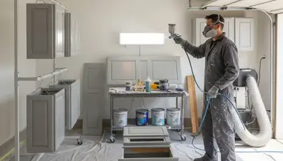 Professional cabinet painting in Escondido, CA using spray and brush techniques for smooth kitchen finishes