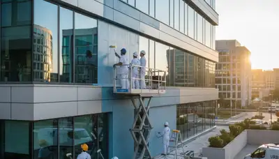 Professional commercial painters working on an office exterior in Escondido, CA
