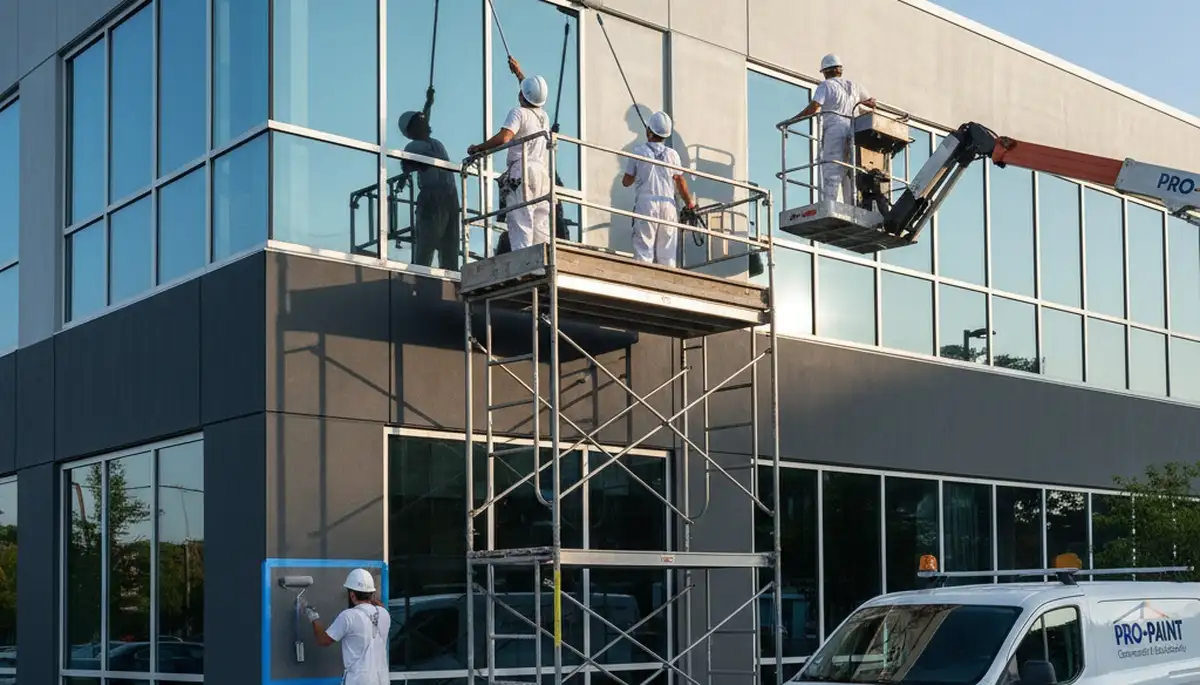 Professional commercial painters working on an office exterior in Escondido, CA