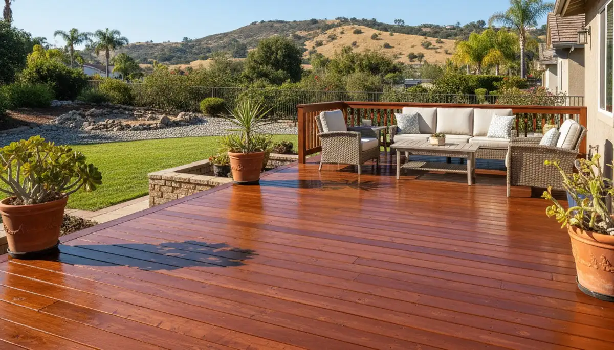 Finished deck staining in Escondido, CA highlighting restored wood color and weather-protective finish