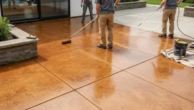 Professional concrete staining on patio surface in Escondido, CA by local house painters