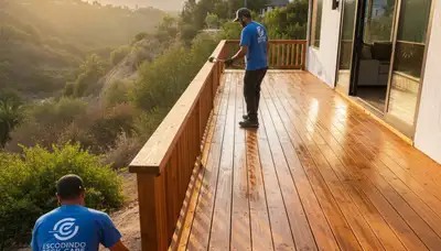 Professional deck staining application in Escondido, CA protecting outdoor wood from sun and moisture damage