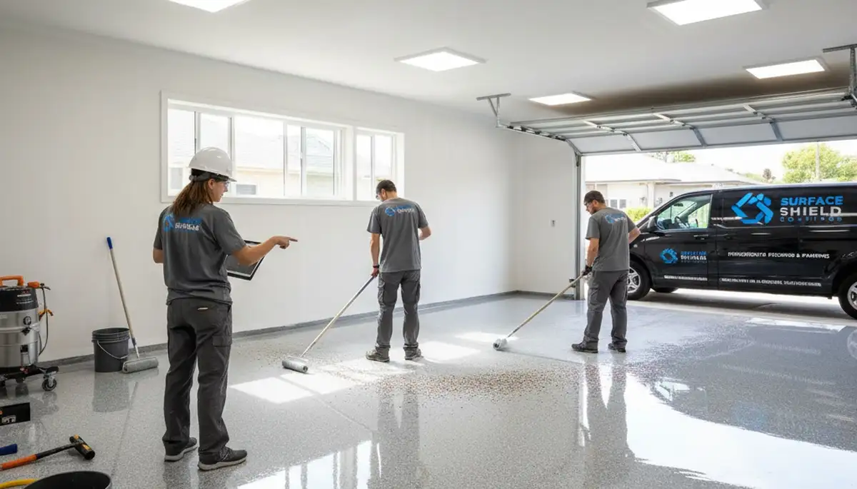 Epoxy floor coating in Escondido CA garage by professional house painters for durable, glossy finish