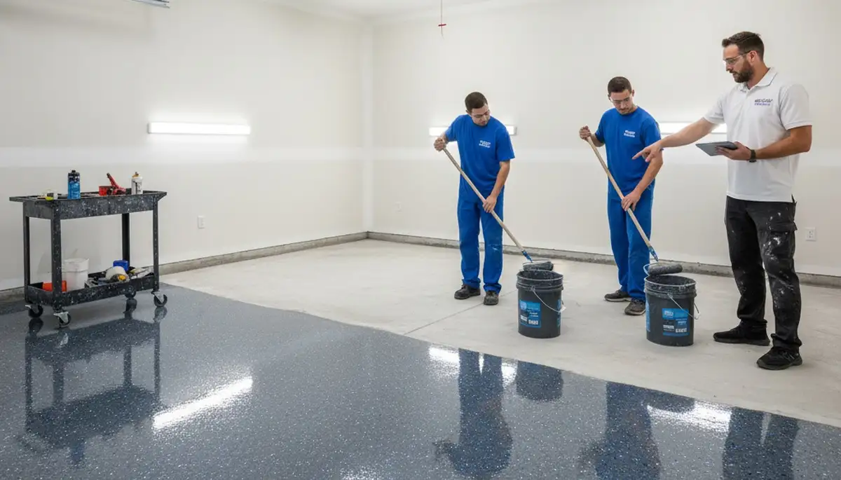 Epoxy garage floor coating in Escondido CA with glossy finish by local professional painters