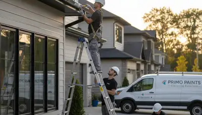 Professional gutter painters coating home gutters in Escondido, CA for durable weather protection
