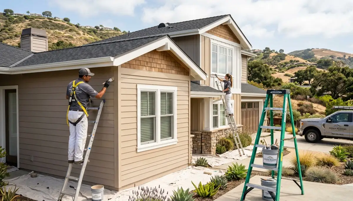 Professional house painters in Escondido CA applying fresh exterior paint to residential home
