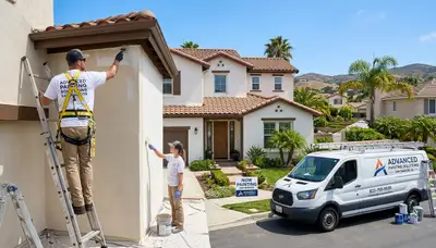 Professional house painters in Escondido, CA adding fresh exterior paint to a residential home
