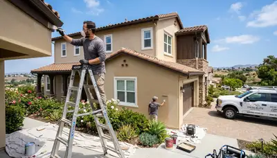 Professional house painter in Escondido CA applying fresh exterior paint to home siding