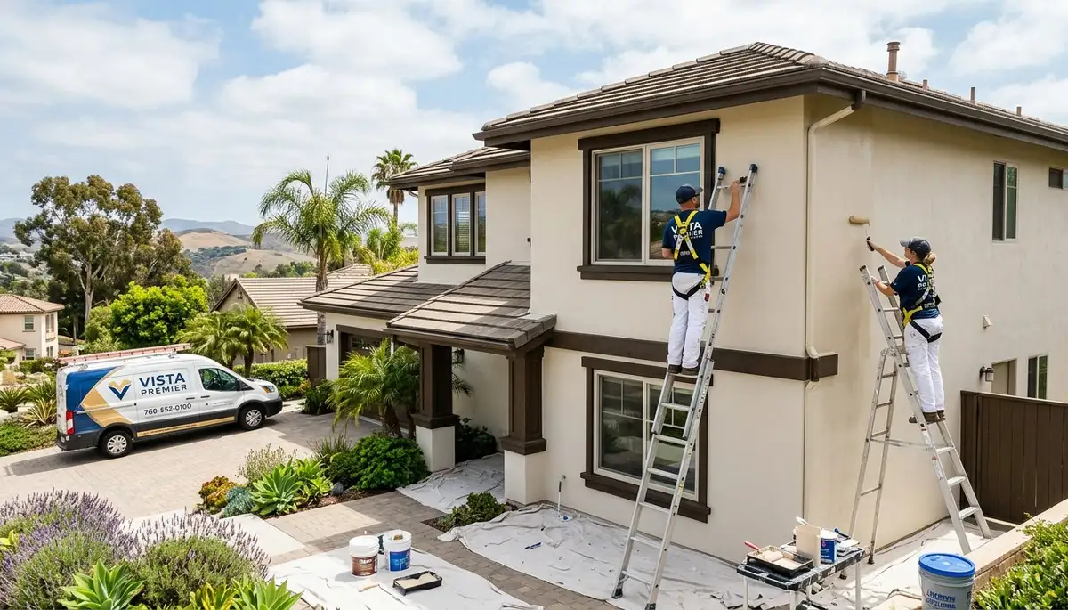 Professional house painters working on residential exterior in Escondido, CA
