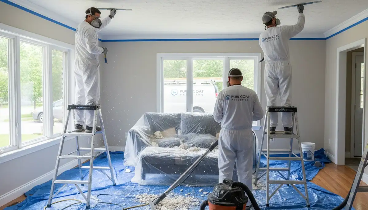 Professional popcorn ceiling removal by painters in Escondido, CA creating smooth modern ceilings