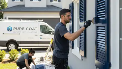 Professional painters refinishing exterior shutters in Escondido, CA for lasting color and curb appeal