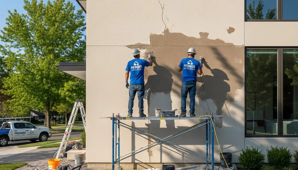 Stucco repair on Escondido CA home exterior by professional house painters restoring cracks and weather damage