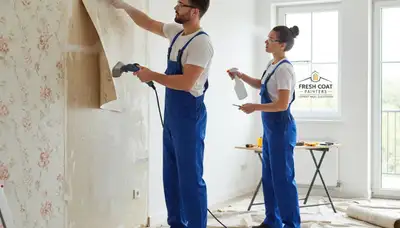 Professional wallpaper removal service in Escondido, CA preparing walls for fresh interior paint