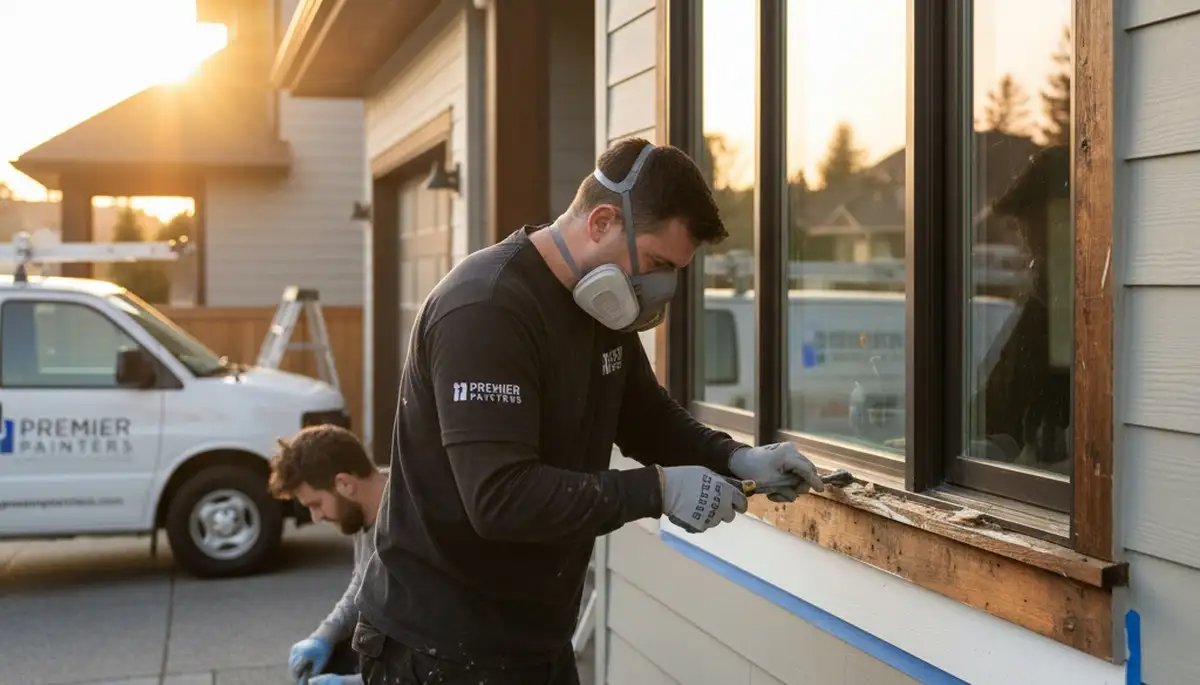 Professional wood rot repair on Escondido, CA home exterior by expert house painters